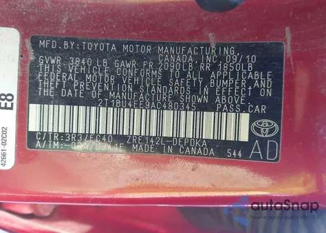 2010 Toyota Corolla Le из США, поврежденный, VIN 2T1BU4EE9AC480345